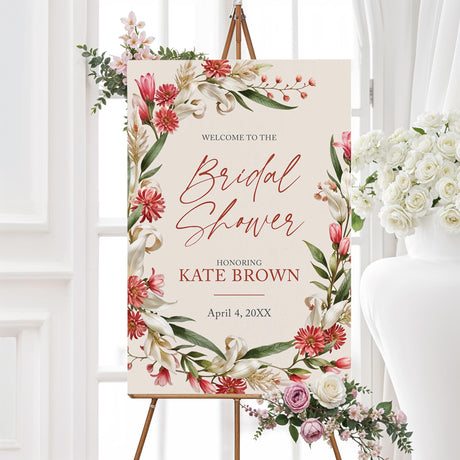 Bridal shower welcome sign with a red, blush, and beige watercolor floral wreath, perfect for elegant event décor.