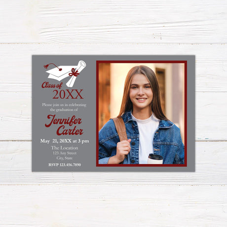 Custom graduation invitation with a split design. The right side features a bordered photo, while the left side includes graduation details with a mortarboard and diploma illustration at the top. The back of the invitation has three photos in a stylish color-block layout. The color is customizable to match school colors.  Gray.