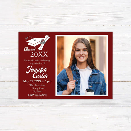 Custom graduation invitation with a split design. The right side features a bordered photo, while the left side includes graduation details with a mortarboard and diploma illustration at the top. The back of the invitation has three photos in a stylish color-block layout. The color is customizable to match school colors. Maroon.