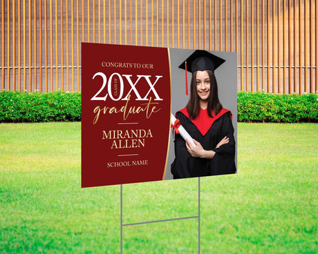 Custom graduation yard sign with photo, featuring an elegant modern design, personalized graduate’s name, class year, and school name. Printed on durable Coreplast plastic, available in custom colors and single or double-sided print, perfect for high school and college graduates. maroon