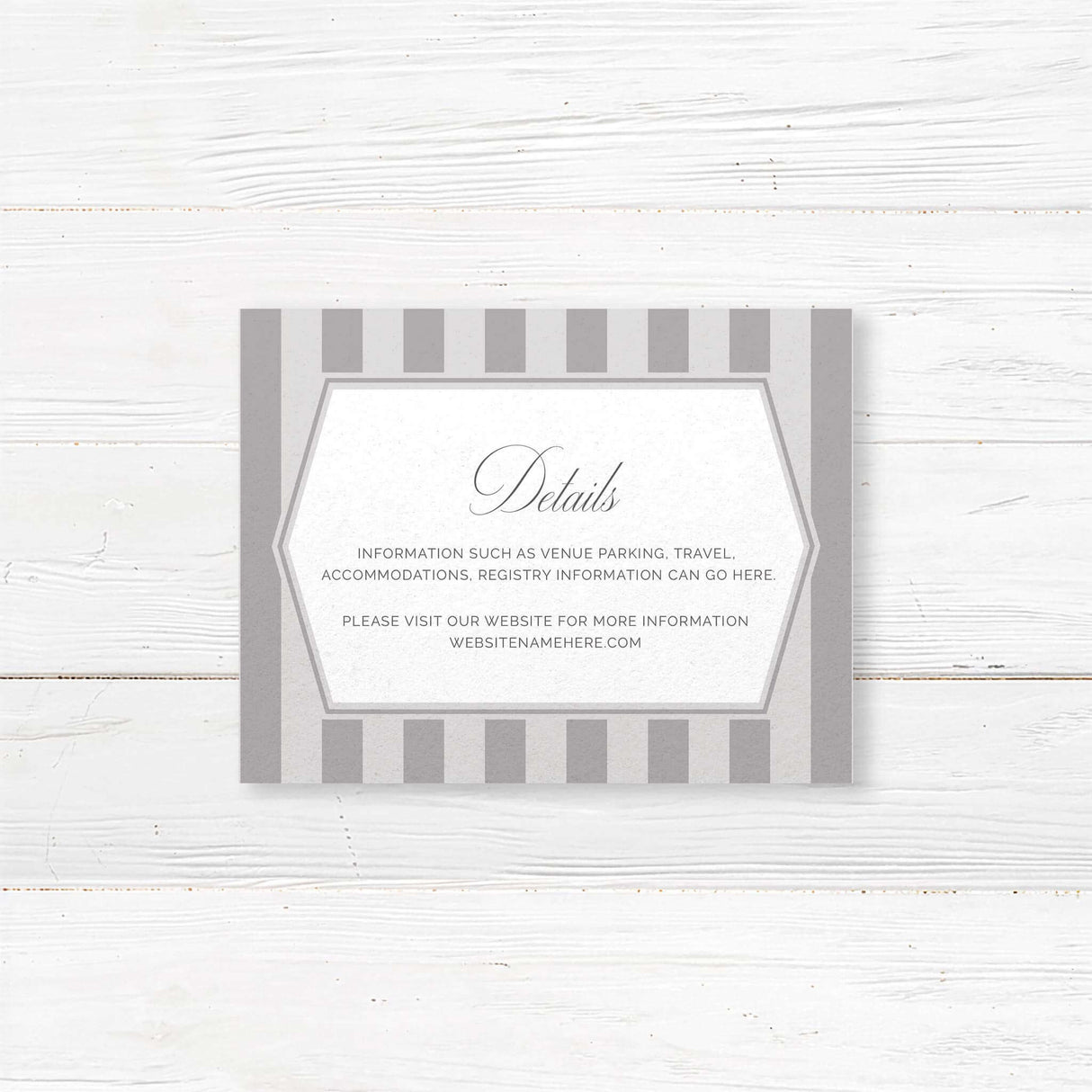 Gray and white wedding detail card with vertical stripes and classic serif font