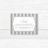 Gray and white wedding detail card with vertical stripes and classic serif font