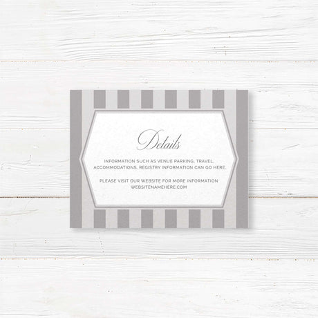 Gray and white wedding detail card with vertical stripes and classic serif font