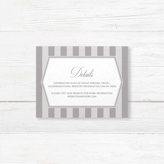 Gray and white wedding detail card with vertical stripes and classic serif font