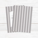 Gray striped wedding invitation with monogram crest, white panel, and classic serif and script fonts- back side