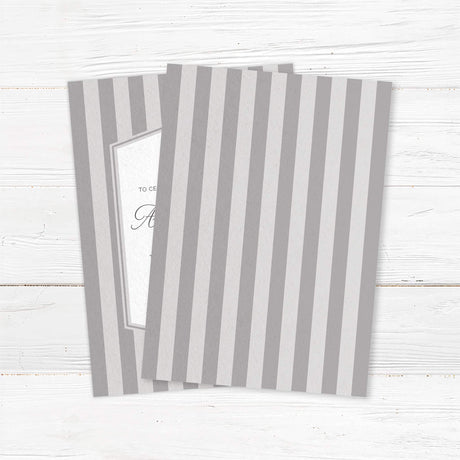 Gray striped wedding invitation with monogram crest, white panel, and classic serif and script fonts- back side