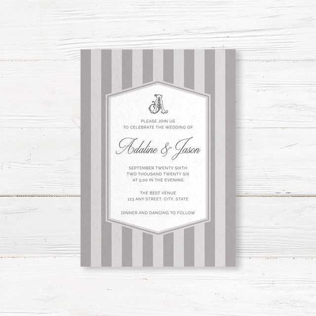 Gray striped wedding invitation with monogram crest, white panel, and classic serif and script fonts
