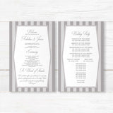 Gray and white wedding program with vertical stripes and monogram crest