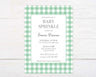 Baby sprinkle invitation with a green and white gingham border. The centered text reads "Baby Sprinkle" in an elegant serif font, followed by details honoring Emma Duncan. The event date, time, venue, RSVP details, and registry information are included in a soft gray font on a white background. The design has a charming, rustic feel.