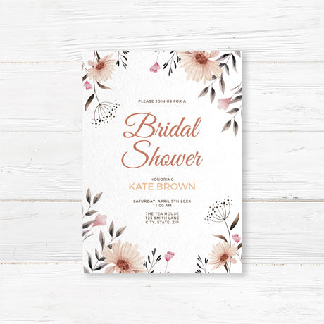 Elegant bridal shower invitation featuring hand-drawn neutral-toned wildflowers and a minimalist design, printed on premium cardstock.