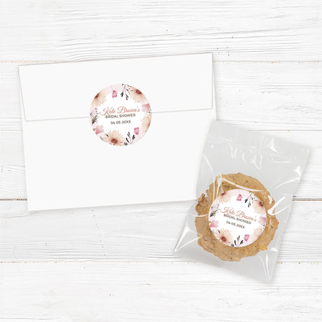 Custom bridal shower sticker featuring hand-drawn beige and blush floral elements, perfect for favors, gifts, and envelope seals.