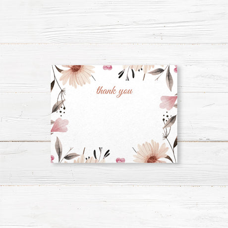 Bridal shower thank-you card featuring hand-drawn beige and blush wildflowers, printed on premium cardstock for an elegant, minimalist look.