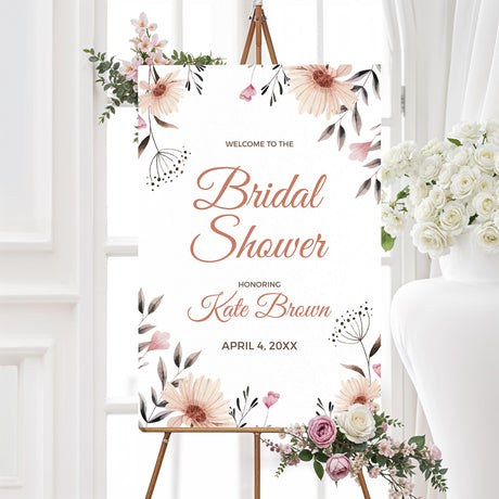 Bridal shower welcome sign featuring hand-drawn beige and blush wildflowers, printed on high-quality material for a minimalist floral-themed event.