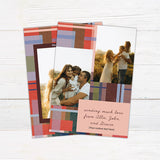 Personalized Christmas photo card featuring a family picture surrounded by a colorful painted plaid border. The back includes additional family photos and space for a custom holiday message.