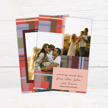 Personalized Christmas photo card featuring a family picture surrounded by a colorful painted plaid border. The back includes additional family photos and space for a custom holiday message.