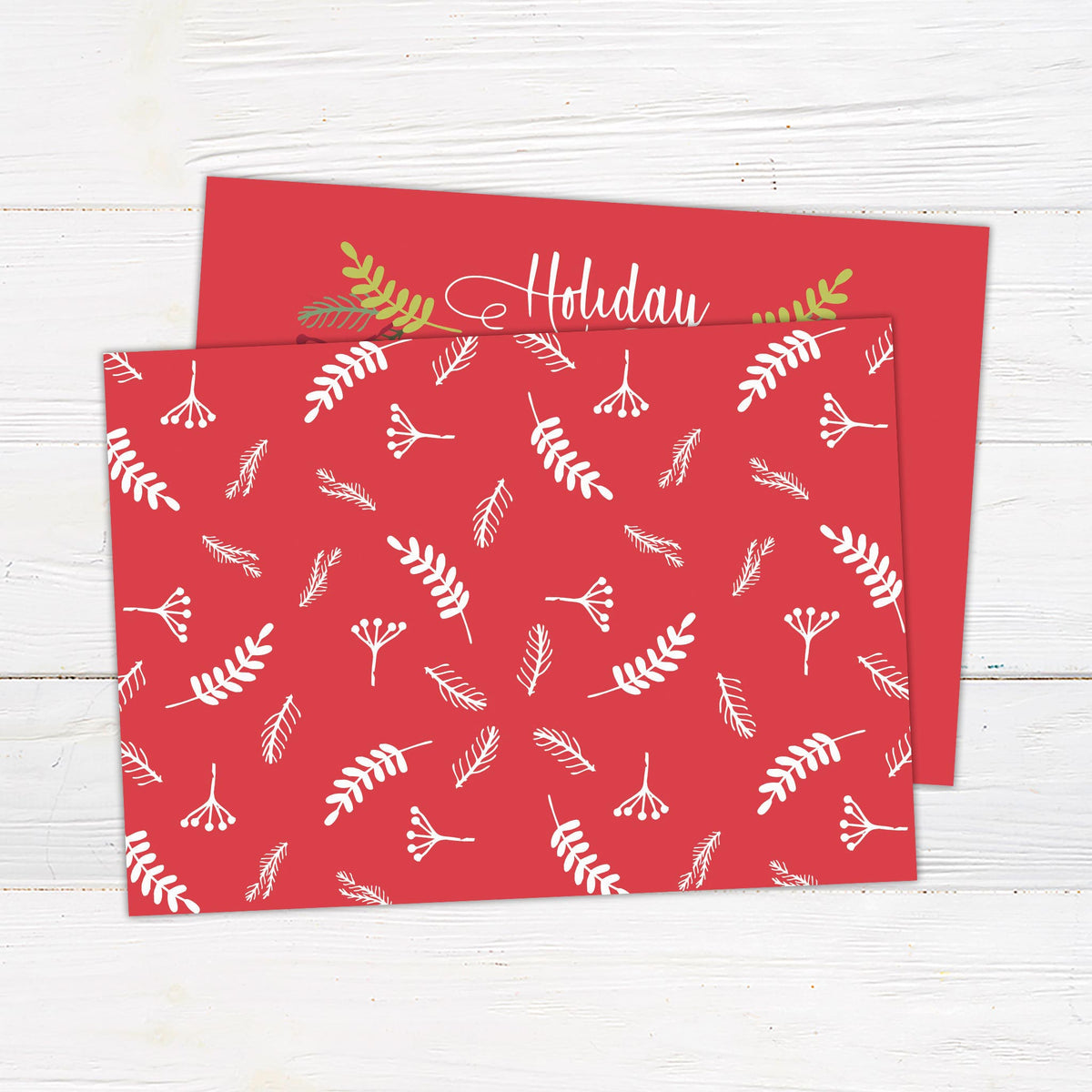 Red and gold Holiday Party Christmas party invitation with elegant holiday foliage and festive typography reading “Let’s Celebrate” for a holiday event or gathering - back.