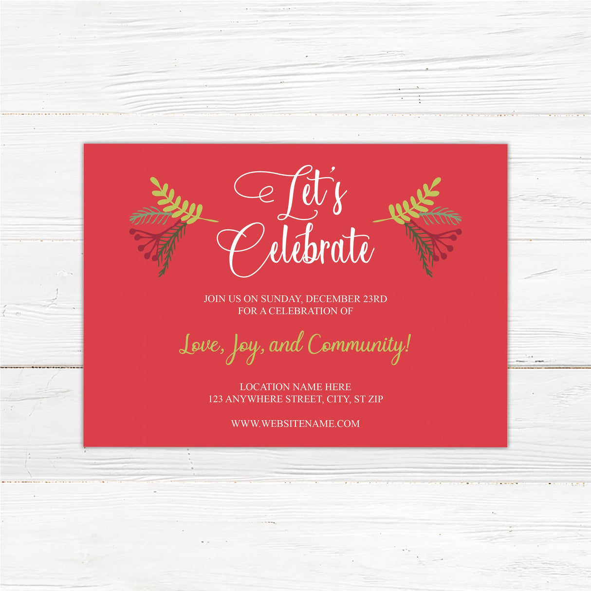 Red and gold Christmas party invitation with elegant holiday foliage and festive typography reading “Let’s Celebrate” for a holiday event or gathering