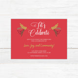 Red and gold Christmas party invitation with elegant holiday foliage and festive typography reading “Let’s Celebrate” for a holiday event or gathering