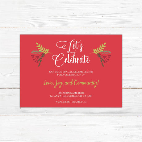 Red and gold Christmas party invitation with elegant holiday foliage and festive typography reading “Let’s Celebrate” for a holiday event or gathering