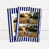 Personalized family holiday photo card featuring a bold hand-drawn striped border and centered family photograph. blue back