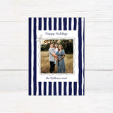 Personalized family holiday photo card featuring a bold hand-drawn striped border and centered family photograph. blue