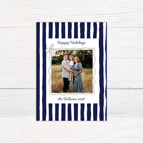 Personalized family holiday photo card featuring a bold hand-drawn striped border and centered family photograph. blue