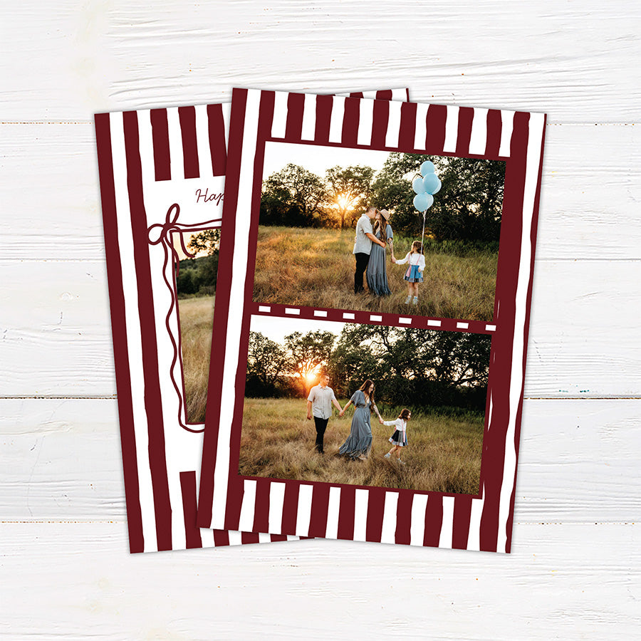 Personalized family holiday photo card featuring a bold hand-drawn striped border and centered family photograph. red back