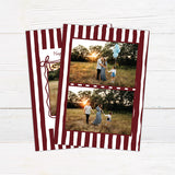 Personalized family holiday photo card featuring a bold hand-drawn striped border and centered family photograph. red back