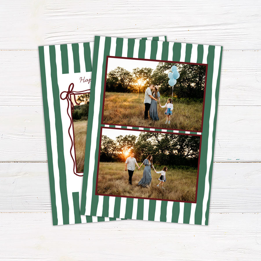 Personalized family holiday photo card featuring a bold hand-drawn striped border and centered family photograph. green back