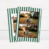 Personalized family holiday photo card featuring a bold hand-drawn striped border and centered family photograph. green back