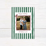 Personalized family holiday photo card featuring a bold hand-drawn striped border and centered family photograph. green