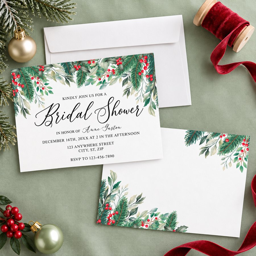 Winter Holly Berry Bridal Shower Invitation
