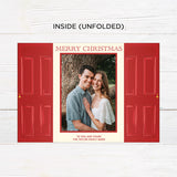 Personalized Home for the Holidays Christmas gatefold photo card featuring festive red double doors decorated with evergreen wreaths and customizable family photos. The folding holiday card opens to reveal a large photo and personalized Christmas greeting with an additional four-photo collage. Two-photo variant. - inside unfolded