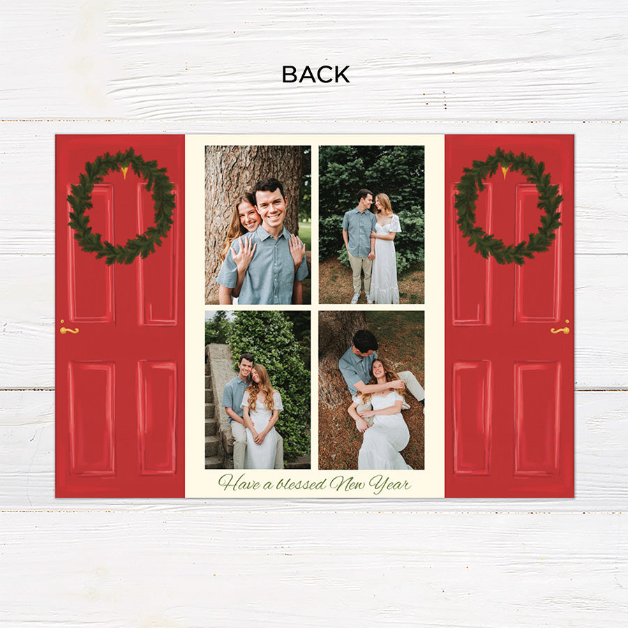 Personalized Home for the Holidays Christmas gatefold photo card featuring festive red double doors decorated with evergreen wreaths and customizable family photos. The folding holiday card opens to reveal a large photo and personalized Christmas greeting with an additional four-photo collage. Four-photo variant. - back.
