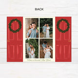 Personalized Home for the Holidays Christmas gatefold photo card featuring festive red double doors decorated with evergreen wreaths and customizable family photos. The folding holiday card opens to reveal a large photo and personalized Christmas greeting with an additional four-photo collage. Four-photo variant. - back.