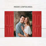 Personalized Home for the Holidays Christmas gatefold photo card featuring festive red double doors decorated with evergreen wreaths and customizable family photos. The folding holiday card opens to reveal a large photo and personalized Christmas greeting with an additional four-photo collage. Four-photo variant. - inside unfolded.