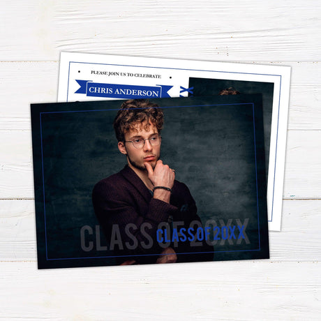 Graduation invitation with a bold and modern layout featuring customizable text, graduation details, and a dedicated space for a graduate photo. The design includes a mix of typography elements and a structured layout with "Class of 20XX" highlighted. Back Blue.