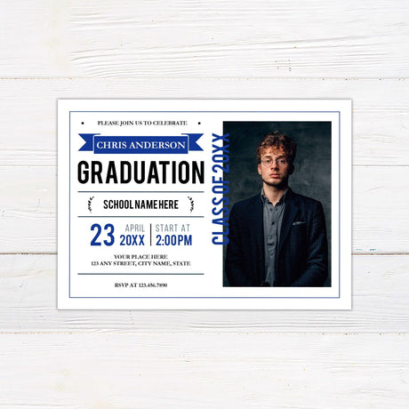 Graduation invitation with a bold and modern layout featuring customizable text, graduation details, and a dedicated space for a graduate photo. The design includes a mix of typography elements and a structured layout with "Class of 20XX" highlighted. Blue.