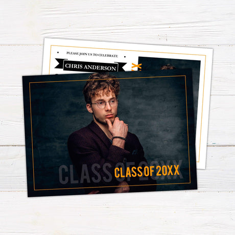 Graduation invitation with a bold and modern layout featuring customizable text, graduation details, and a dedicated space for a graduate photo. The design includes a mix of typography elements and a structured layout with "Class of 20XX" highlighted. Back Gold.