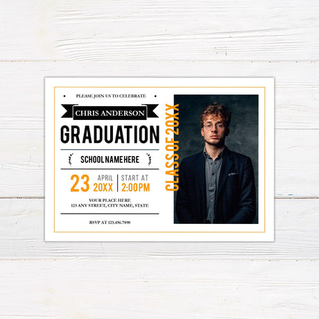 Graduation invitation with a bold and modern layout featuring customizable text, graduation details, and a dedicated space for a graduate photo. The design includes a mix of typography elements and a structured layout with "Class of 20XX" highlighted. Gold.