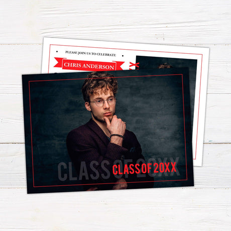 Graduation invitation with a bold and modern layout featuring customizable text, graduation details, and a dedicated space for a graduate photo. The design includes a mix of typography elements and a structured layout with "Class of 20XX" highlighted. Back Red.