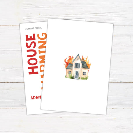 Housewarming invitation with bold red and orange typography reading "House Warming" on the left. A watercolor illustration of a house with flames on the roof symbolizes warmth and celebration. Event details are listed below in a clean, modern font. The background is light with a contemporary design, creating a fun and inviting look for a housewarming party. Back.