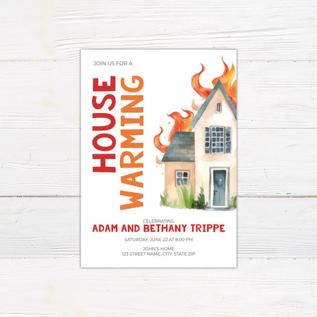 Housewarming invitation with bold red and orange typography reading "House Warming" on the left. A watercolor illustration of a house with flames on the roof symbolizes warmth and celebration. Event details are listed below in a clean, modern font. The background is light with a contemporary design, creating a fun and inviting look for a housewarming party.