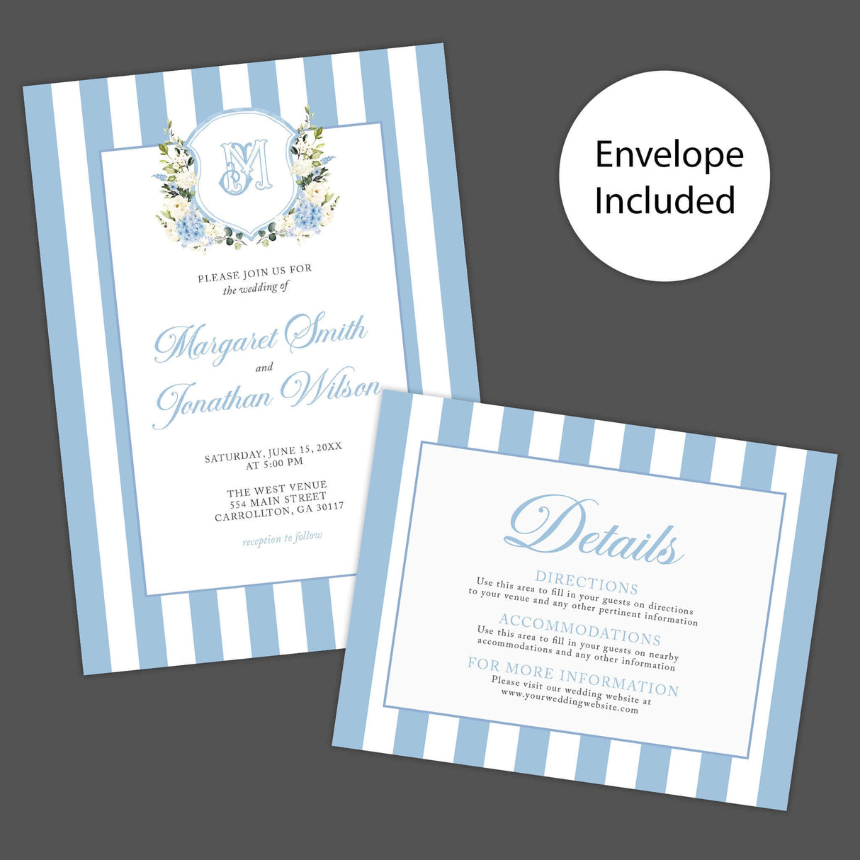 Hydrangea Crest Wedding Invitation with blue stripes and monogram, featuring floral crest, white roses, and blue hydrangeas.