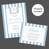 Hydrangea Crest Wedding Invitation with blue stripes and monogram, featuring floral crest, white roses, and blue hydrangeas.