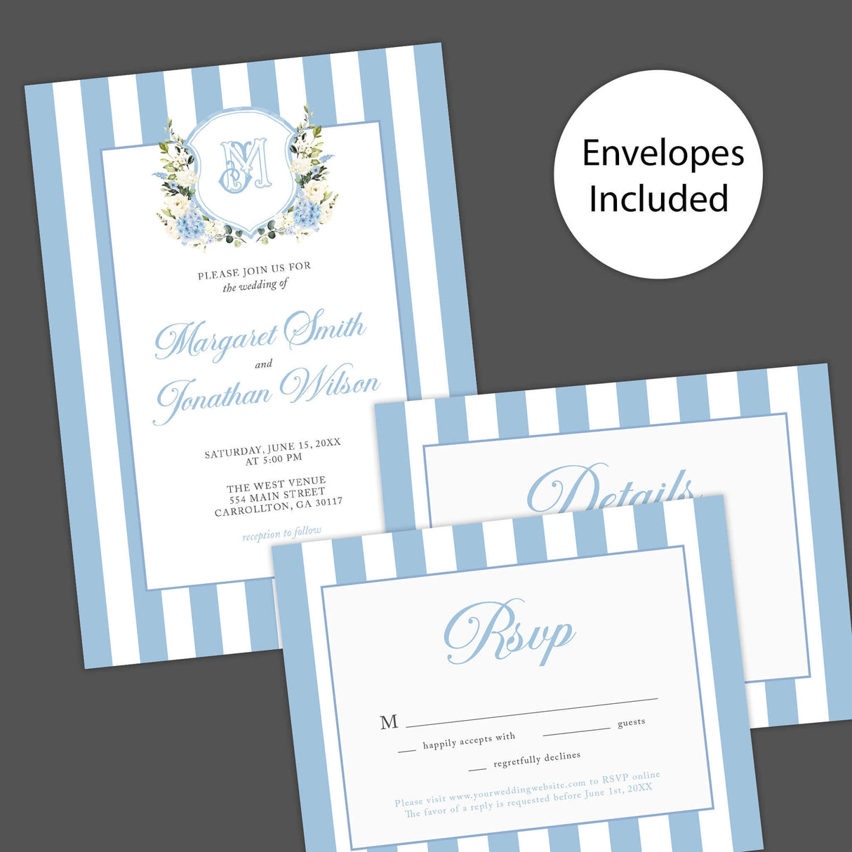 Hydrangea Crest Wedding Invitation with blue stripes, monogram, and envelopes. Features RSVP and details card with floral accents.