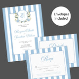 Hydrangea Crest Wedding Invitation with blue stripes, monogram, and envelopes. Features RSVP and details card with floral accents.
