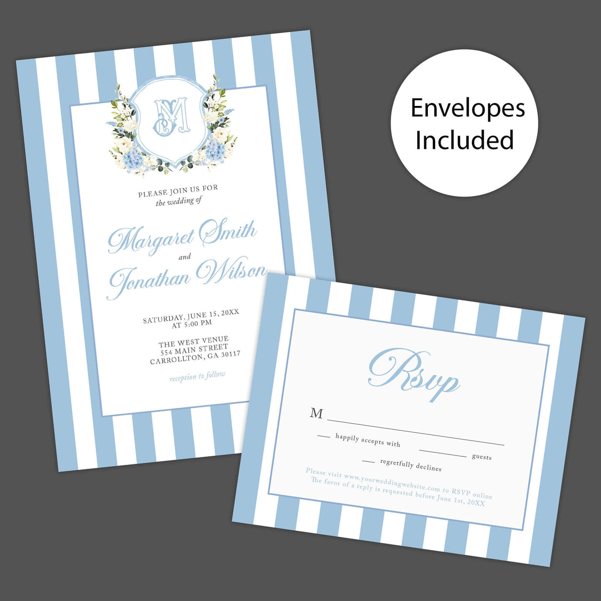 Hydrangea Crest Wedding Invitation set with blue stripes, floral monogram, and RSVP card on 100 lb cardstock. Envelopes included.