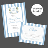 Hydrangea Crest Wedding Invitation set with blue stripes, floral monogram, and RSVP card on 100 lb cardstock. Envelopes included.