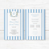 Wedding program with powder blue and white vertical stripes, floral crest of hydrangeas and roses, white panel with classic fonts, perfect for romantic spring weddings.